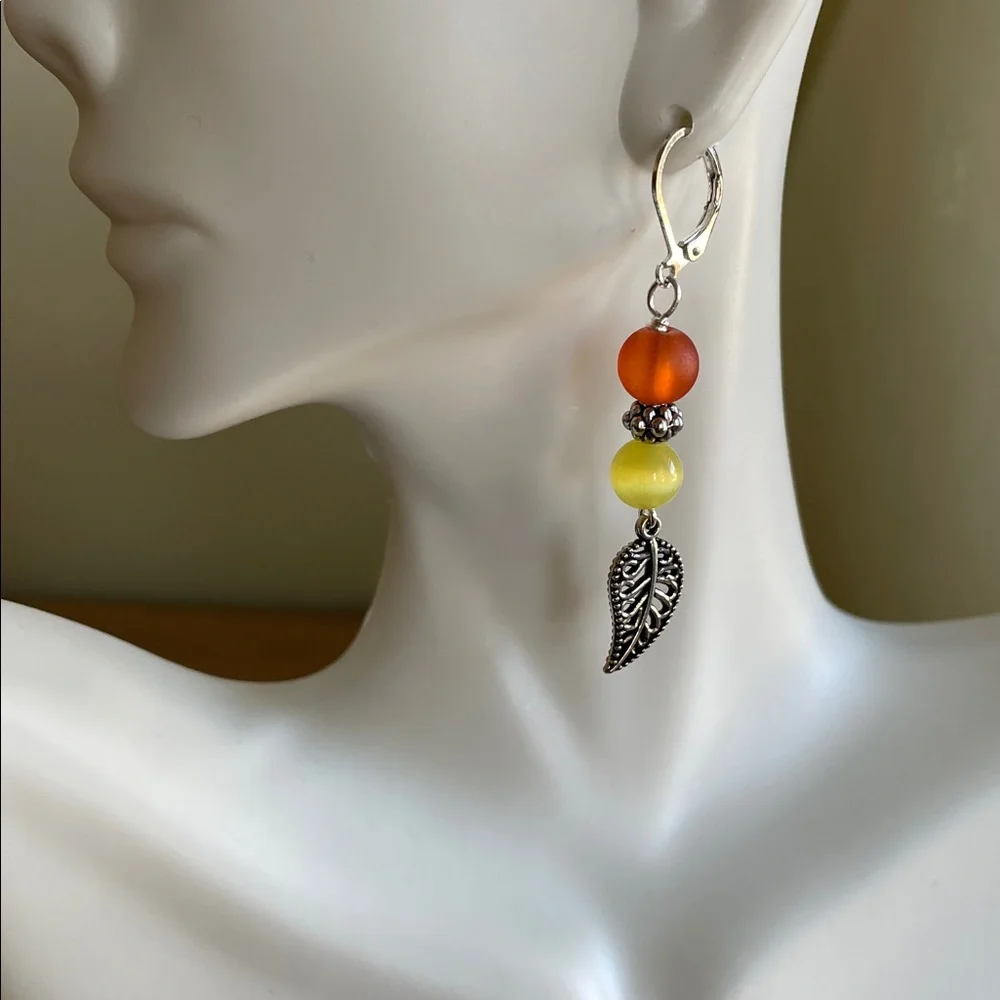 HAND CRAFTED BEAD & LEAF DANGLE EARRINGS Orange Yellow Fall Fashion Jewelry
